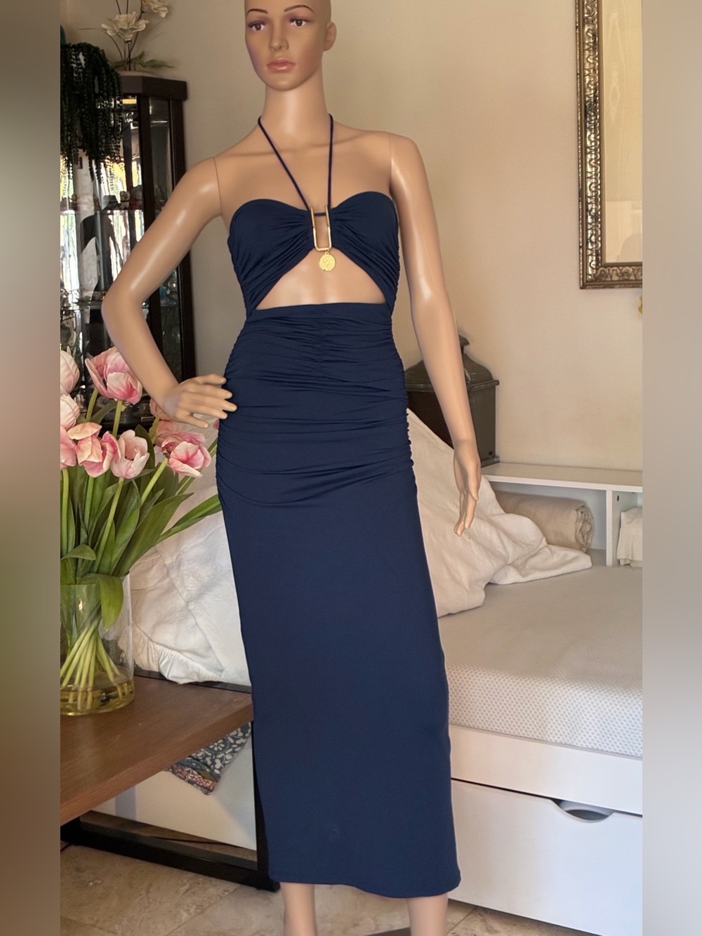 ZARA NWT Blue Cut Out Ruched Halter Midi Dress - Size S